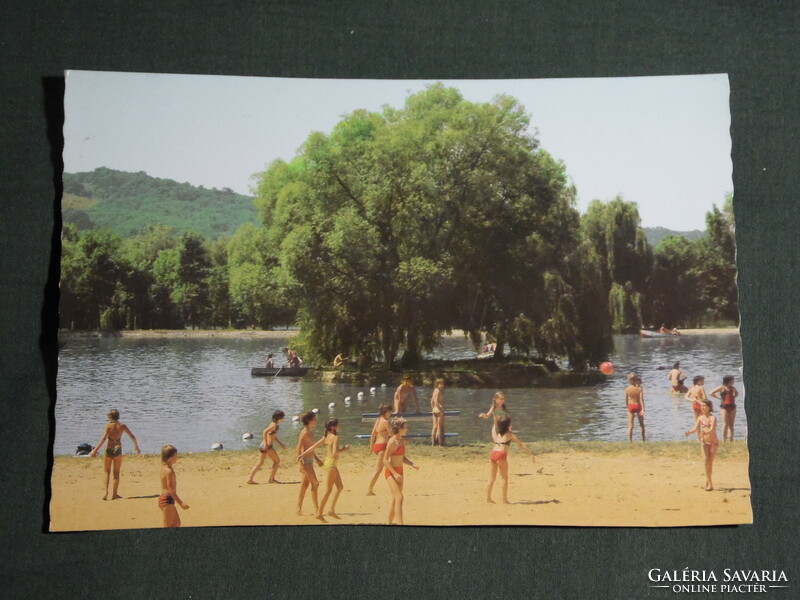 Képeslap, Abaliget  csónakázó tó, strand részlet, gyerekek