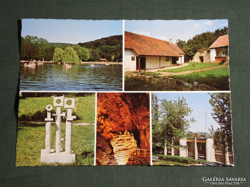 Postcard, sycamore, mosaic details, boating lake, landscape house, spatial plastic sculpture, resort, cave