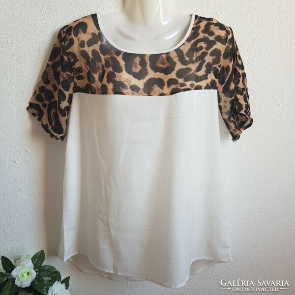 New, L-size leopard print, elongated back style chiffon blouse, T-shirt, top