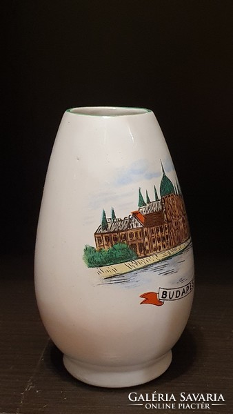 Bodrogkeresztúr ceramics, violet vase, memorial vase. With the inscription Budapest, with a picture of the parliament, 10 cm. High
