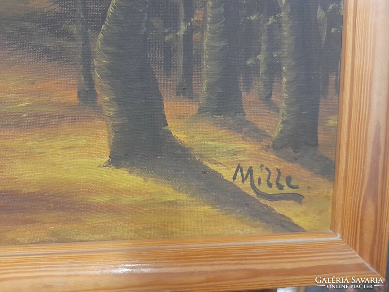 Oil-on-cardboard mille sign forest landscape painting.