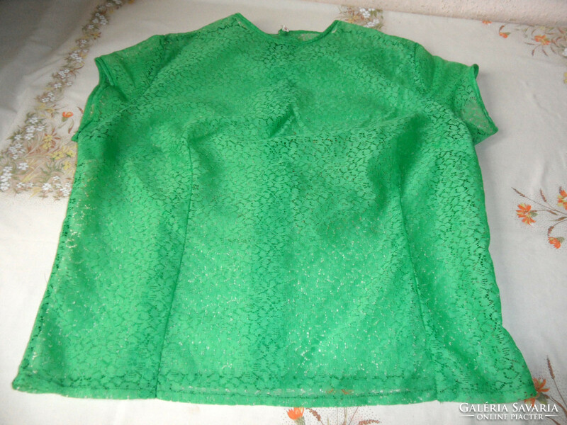 Vintage green machine lace women's blouse, top (size 46)