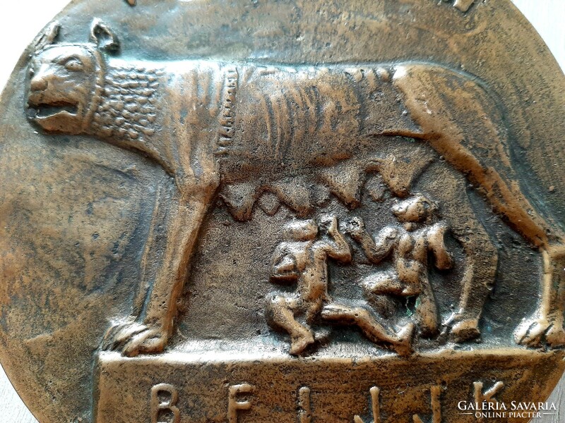 Romulus és Rémus hatalmas és súlyos bronz plakett Majzik Katalin , Vergilius idézettel a hátlapon