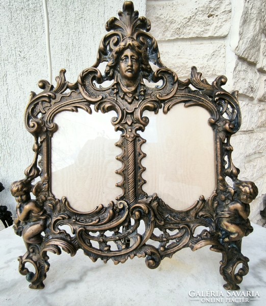 Huge copper photo frame with baroque figurative ornate decorative double photos of angels. 1.4 Kg