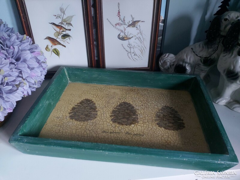 Huge, solid, painted wooden tray with cone decor on the inside (54x37x7cm)
