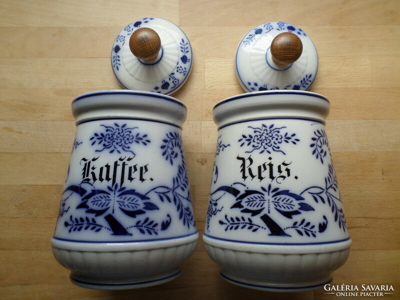 2 antique earthenware onion pattern spice holders, coffee and rice holders