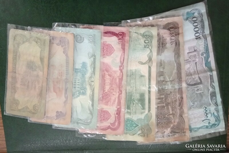 Afganisztán forgalmi bankjegyek 10000-1000-500-100-50-20-10 afghanis