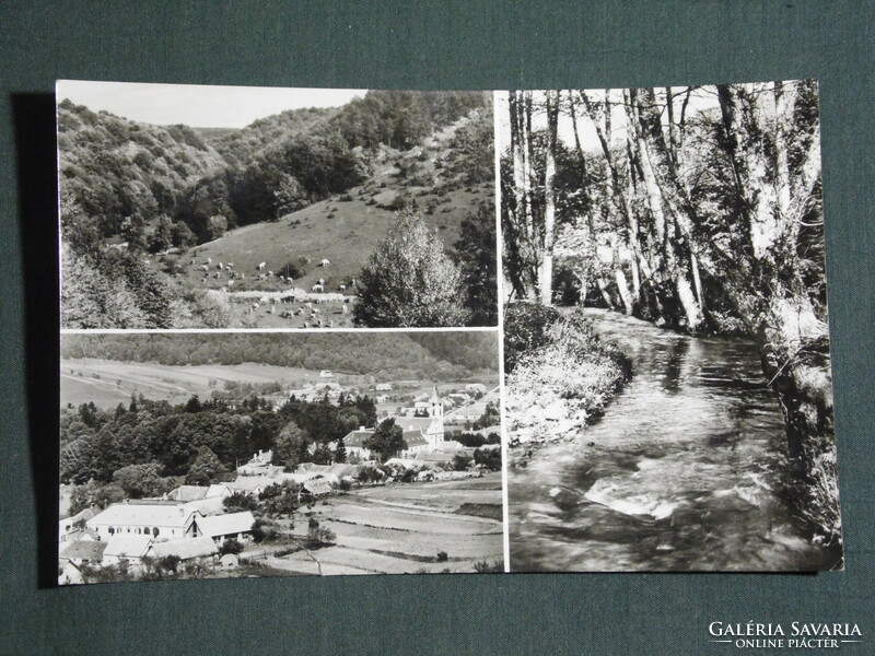 Képeslap, Bakonybél, mozaik részletek, falu látkép,erdő,patak