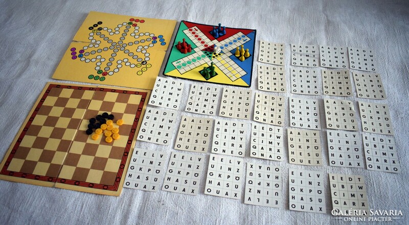 Don't laugh early board game, chess, checkers, calculator... Old game boards, letter boards mixed