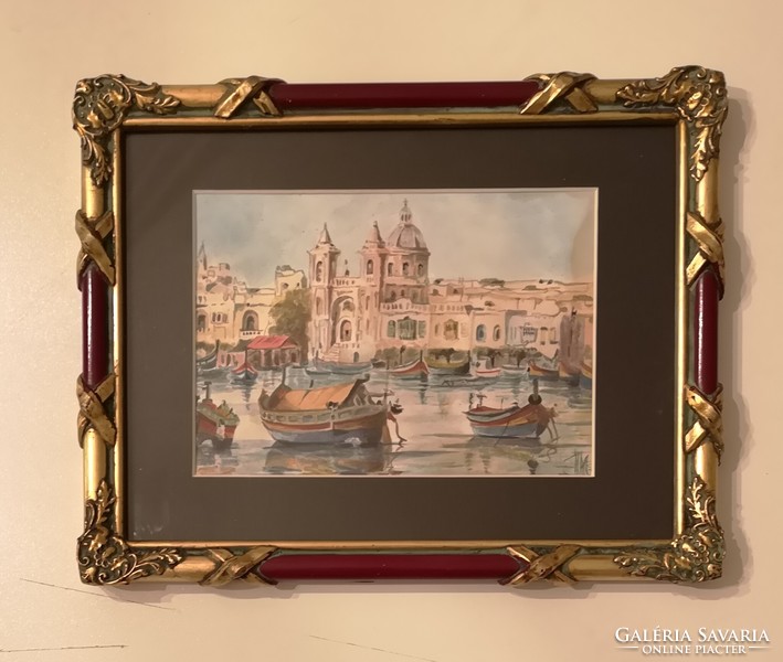 Malta marsaxlokk, Maltese fishing boats. Signed watercolor painting.