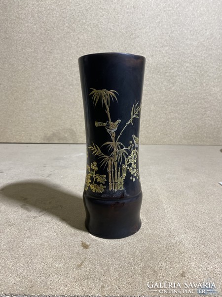 Old mother-of-pearl inlaid black lacquered wood vase 24 cm.2265