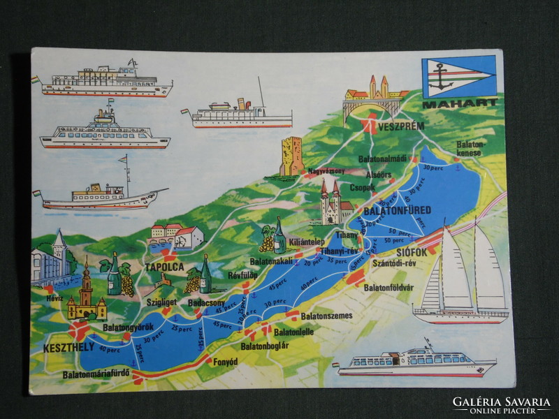 Postcard, balaton, mahart shipping company, graphic drawing, map, route, time, towns, ships