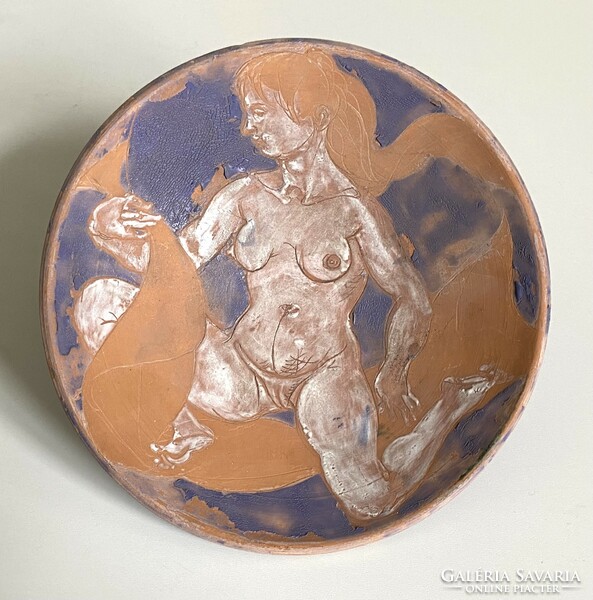 P. Duschanek 1977 female nude, circled, fired painted ceramic wall plate 23 cm