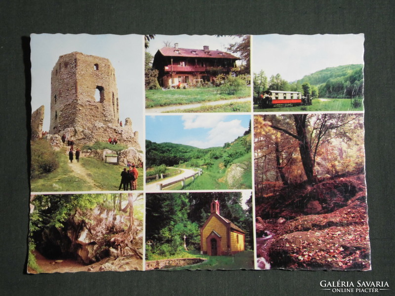 Postcard, bakony, mosaic details, csesnek castle, gaz house, bakonybél, light railway, cave