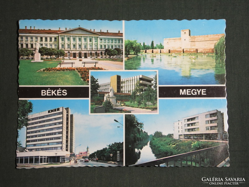 Postcard, Békés County, mosaic details, town hall, Gyula Castle, Békéscsaba, deer