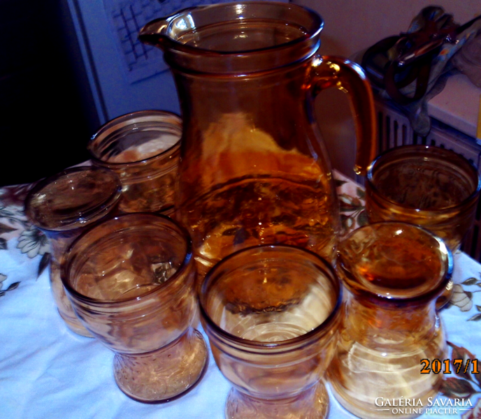 Vintage amber glass pitcher 6 glasses