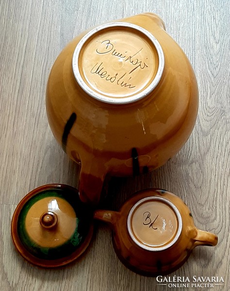 Csodás Mezőtúr nagyméretű kerámia teáskanna és barátja a cukortartó Busi Lajos szignóval