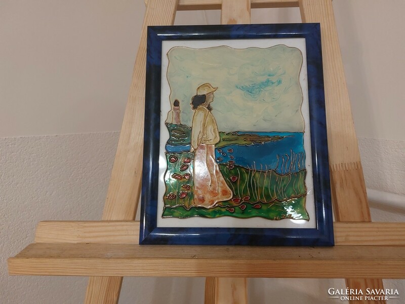 (K) beautiful glass painting 28x23 cm signed with frame