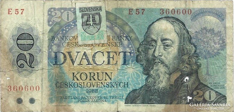 20 Koruna 1988-1993 with Slovak stamp Slovakia 1.