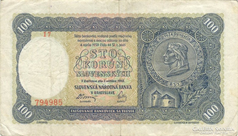 100 korun korona 1940 Szlovákia I. kiadás 1.