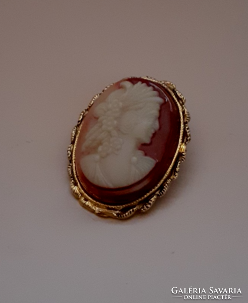 Brooch pin studded with a carved cameo in a gilded patterned frame