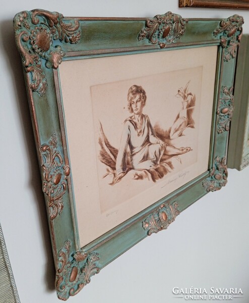 Rudolf Merényi woman on pamlagon colored etching in turquoise blondel frame