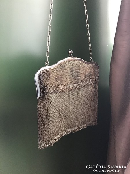 Antik ezüstözött alpakka színházi táska szarvasbőr béléssel