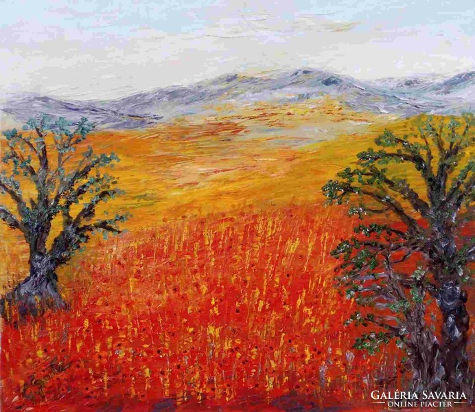 Contemporary art oil painting. Poppy field with acacias. Artwork by Gustav Seitz