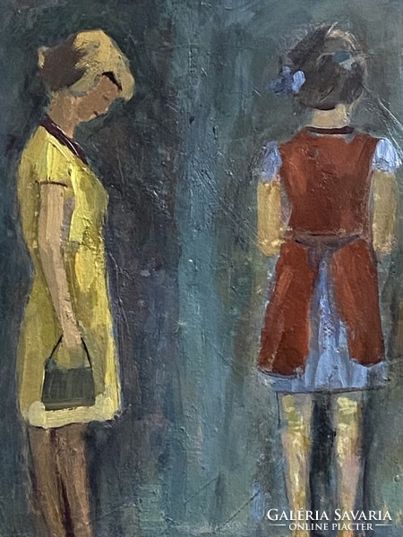 2 Girl with an interesting mood marked painting in a wide gray wooden frame 59 x 68 cm