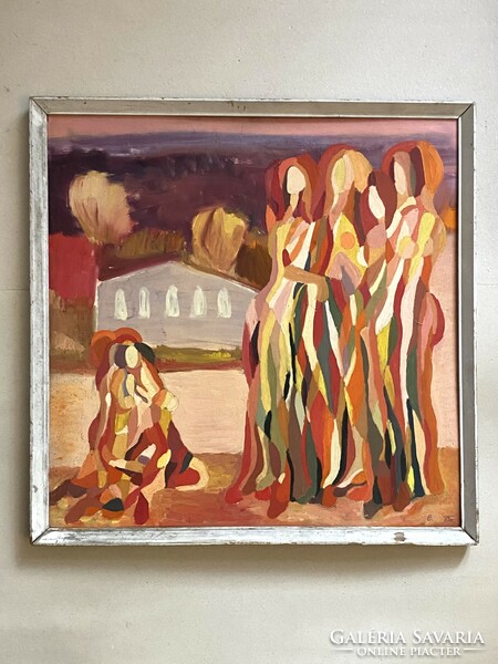 Girls, 3 graces - marked 1975 oil on wood retro painting in original frame