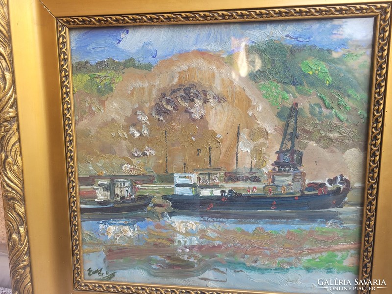 Mihály Erdélyi (1884 - 1972): quarry with ships oil on canvas painting with gallery certificate