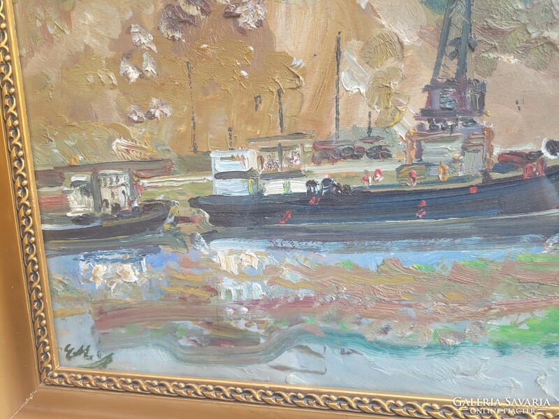 Erdélyi Mihály (1884 - 1972) : Kőbánya hajókkal olaj-vászon festmény KÉPCSARNOK IGAZOLÁSSAL