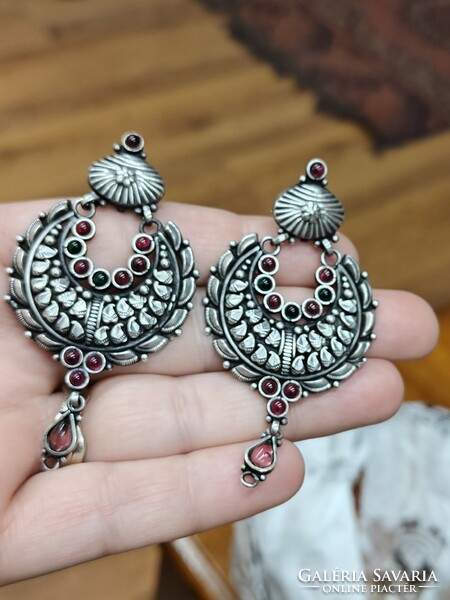 Marked, sterling (925) silver earrings, with green and red garnet stones, from India. New.