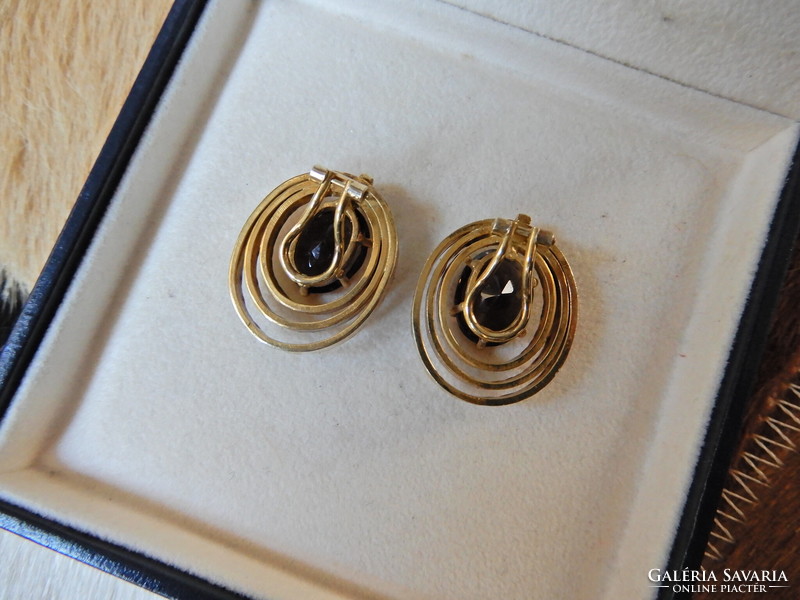 Old design gold-plated clip earrings with a pair of smoky quartz stones