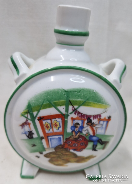 Zsolnay antique shield seal porcelain water bottle, pipe-smoking farmer and wife 13 cm.