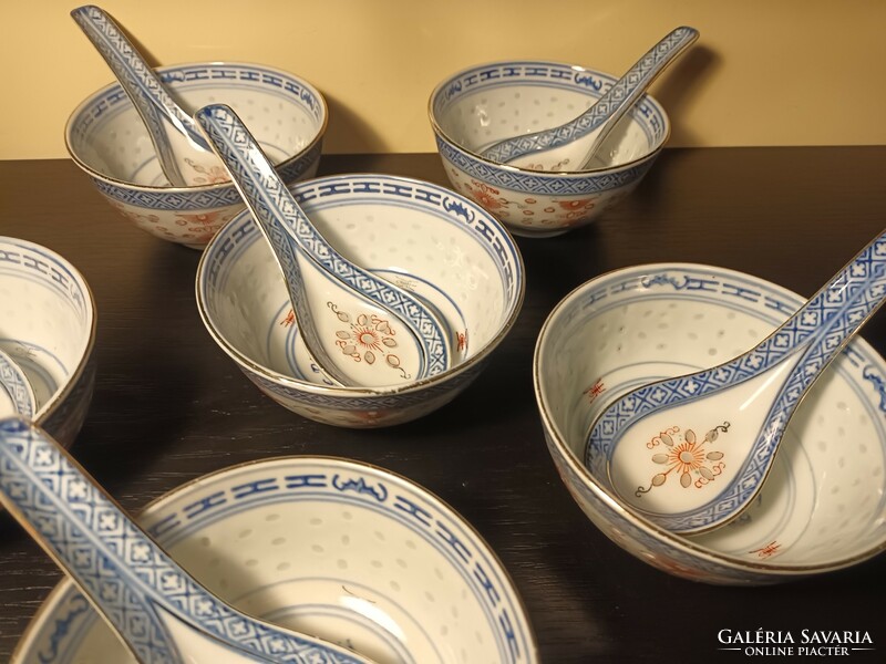 6 vintage Chinese deep rice bowls with spoon - rice bowl - with transparent rice grain pattern - 6 pieces in one