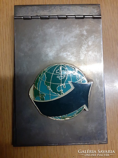 Notebook holder, globe fire enamel holding a notebook