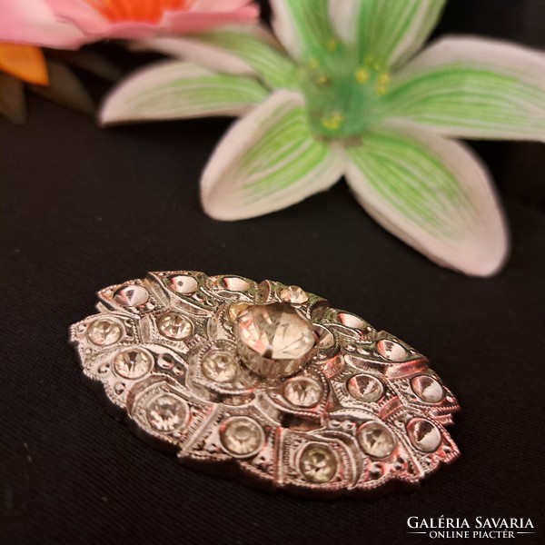 Old silver-plated zircon stone brooch, 6 cm