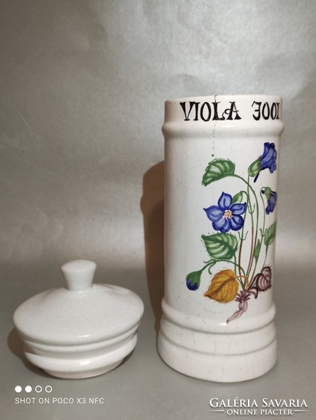 Ceramic apothecary jar vessel marked with viola jool floral pattern