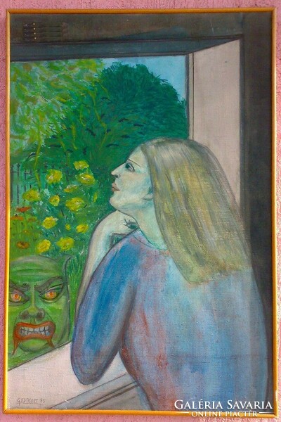 Modern Expresszionista festmény. Sara Godthart: Ablakon kitekintő nő