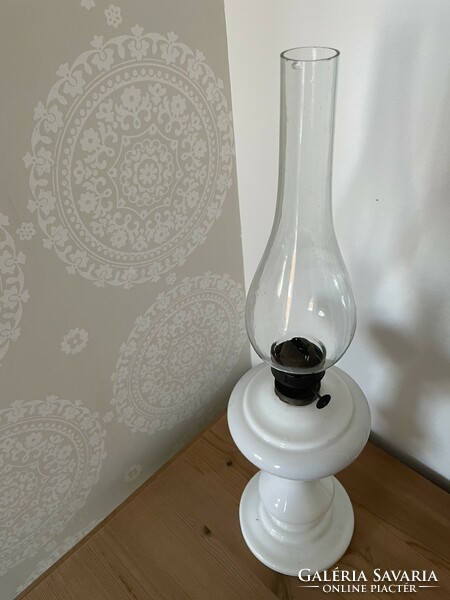 Old large table lamp, white huta glass kerosene lamp