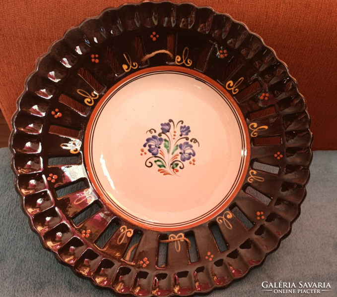 Beautiful, large, folk, openwork ceramic wall plate, painted-glazed ceramic