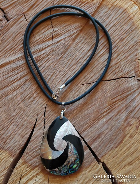 Wonderful large abalone shell silver pendant on a rubber chain