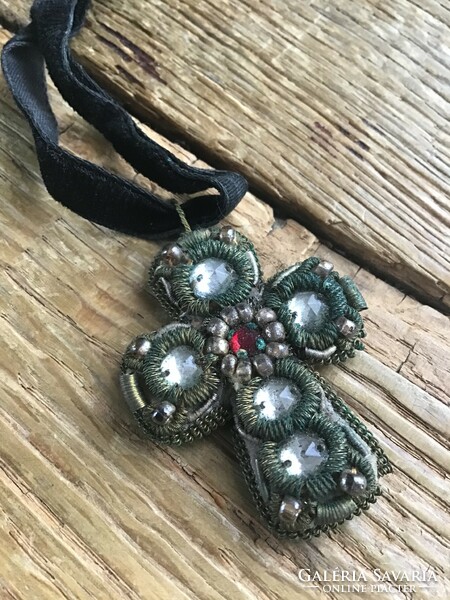 Old handmade cross pendant with velvet ribbon
