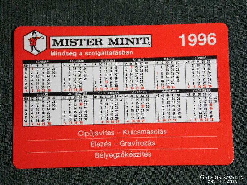 Card calendar, mister minit shoe repair, key copying, sharpening, graphic designer, advertising figure, 1996, (6)