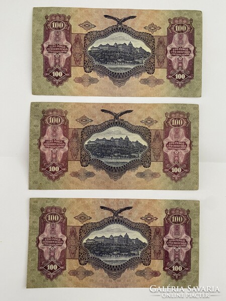 One hundred pengő 100 pengő 1930 (3 pieces) in excellent condition, crisp, one of them has a relatively low serial number