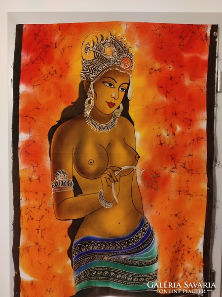 Félmeztelen hindu nő, indiai vászonra festett batik falikép Indiából