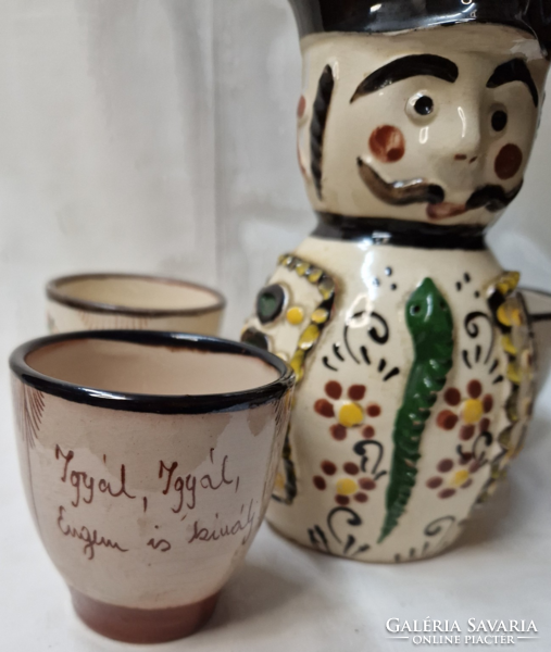 Beautiful painted ceramic miska jug for sale with 5 glasses