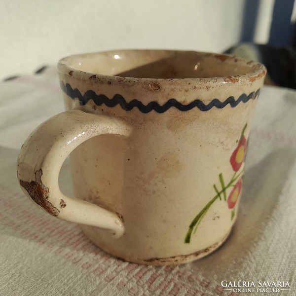 Ancient glazed small earthenware cup with ears, ethnographic museum piece!