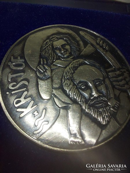 Szt.Kristóf, ezüstözött bronz érme, szép díszdobozban